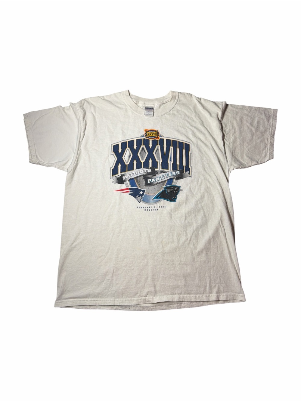 Vintage 2004 Super Bowl XXXVIII Patriots Panthers T-Shirt Gildan XL NFL